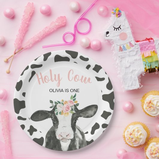 ホーリーカウイアムワンピンクギンガムフローラ誕生日 ペーパープレート (パーティー)
