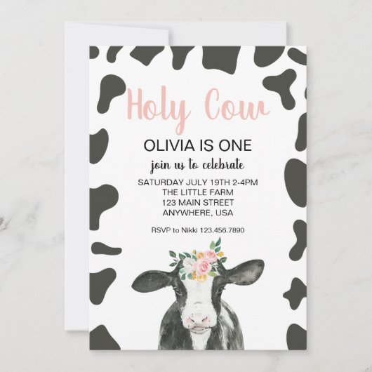 ホーリーカウイアムワンピンクギンガムフローラ誕生日 招待状 (正面)