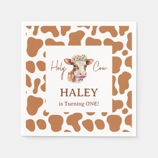 ホーリーカウイアムワンブラウンプリント第1ベビー誕生日 スタンダードカクテルナプキン (正面)