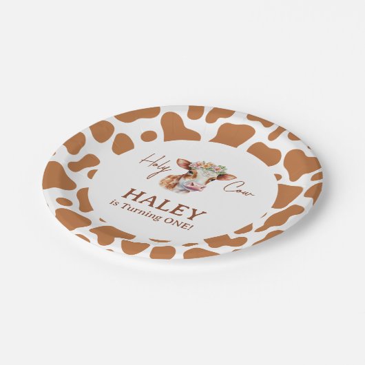 ホーリーカウイアムワンブラウンプリント第1ベビー誕生日 ペーパープレート (アングル)