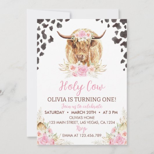ホーリーカウイワンガールファースト誕生日招待状 招待状 (正面)