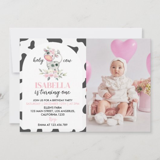 ホーリーカウイワンガール1歳の誕生日招待状 招待状 (正面)