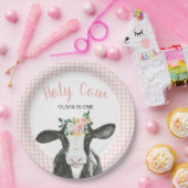 ホーリーカウイワンピンクギンガムフローラ誕生日パペ ペーパープレート (パーティー)