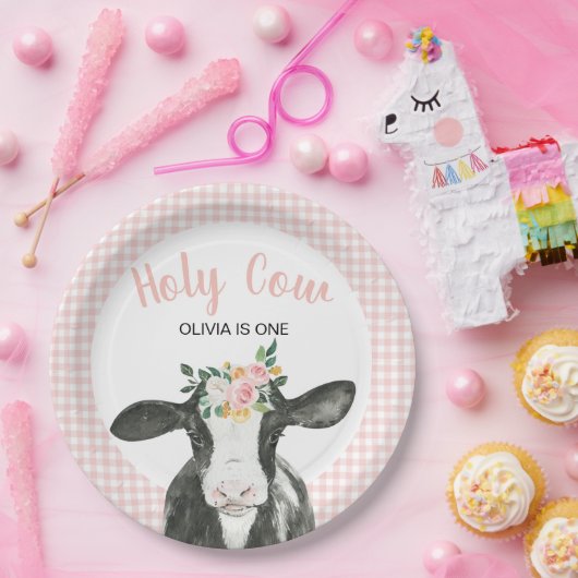 ホーリーカウイワンピンクギンガムフローラ誕生日パペ ペーパープレート (パーティー)