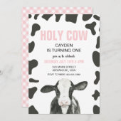 ホーリーカウイワンピンクプレイド誕生日 招待状 (正面/裏面)