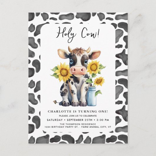 ホーリーカウイワンファームキュート1歳の誕生日招待状 ポストカード (正面)