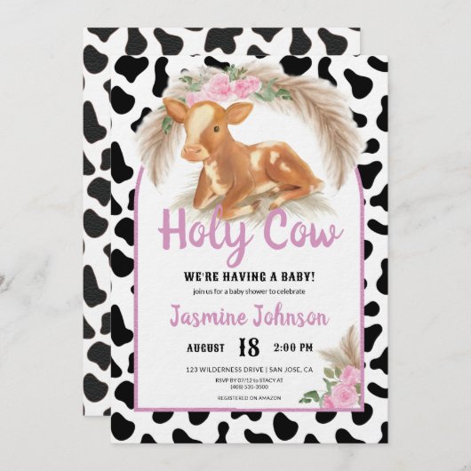ホーリーカウウェスタン素朴フローラパンパスベビーシャワー 招待状 (正面/裏面)