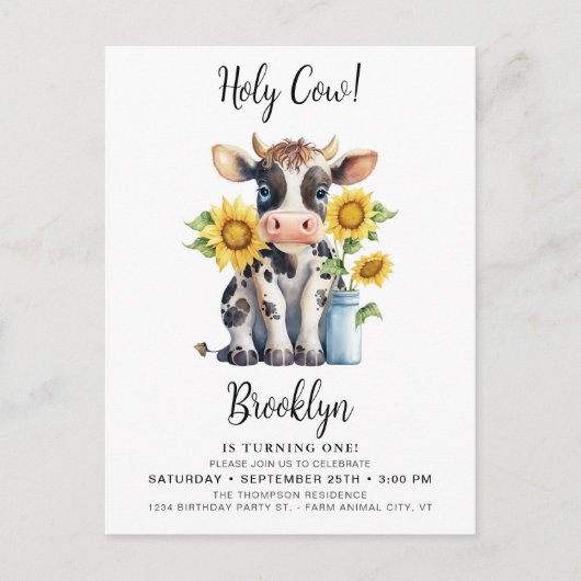 ホーリーカウカワイイモダンファーム動物1歳の誕生日 インビテーションポストカード (正面)