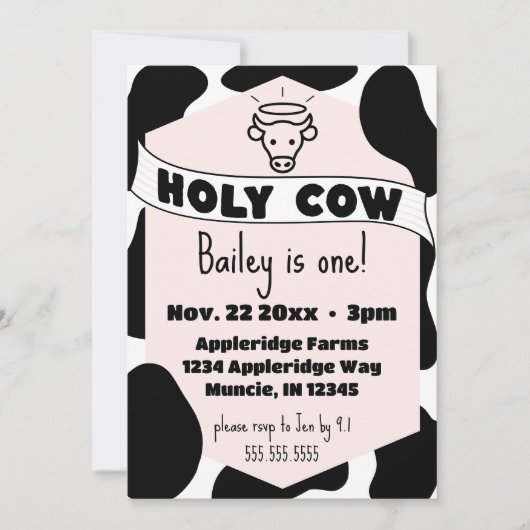 ホーリーカウキッズカウープリントかわいいモダン誕生日 招待状 (正面)