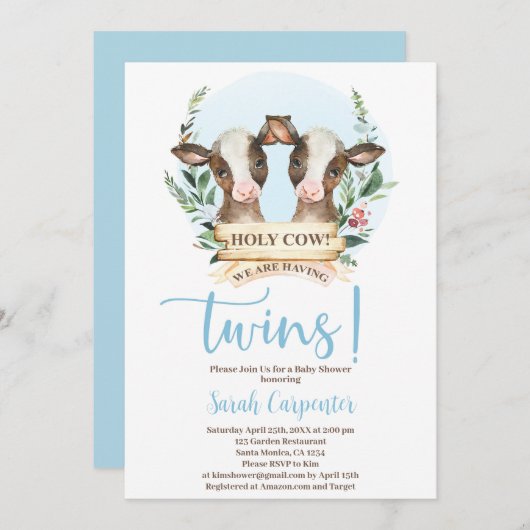 ホーリーカウツインズベビーシャワーボーイ招待状 招待状 (正面/裏面)