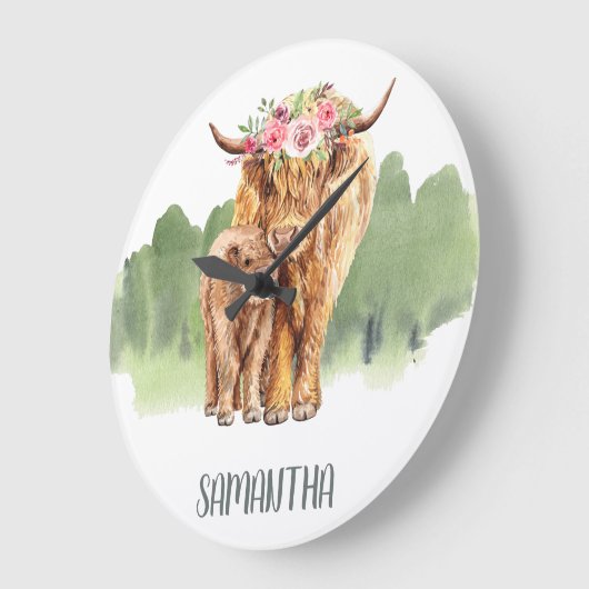 ホーリーカウハイランドカーフベビーウォーターカラーキッズルーム ラージ壁時計 (傾斜)