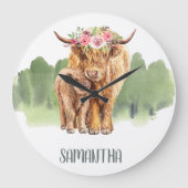 ホーリーカウハイランドカーフベビーウォーターカラーキッズルーム ラージ壁時計 (正面)