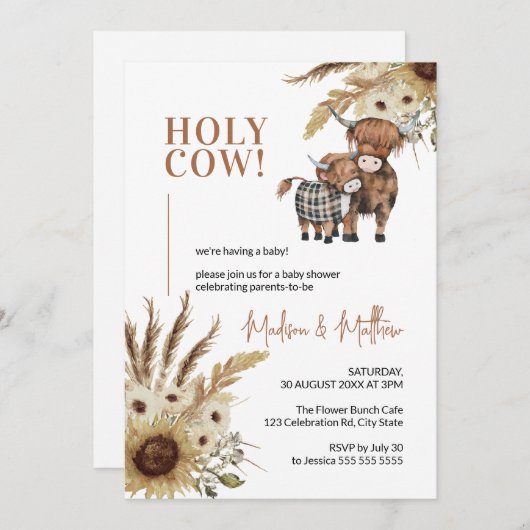 ホーリーカウヒマワリ素朴ファームベビーシャワー 招待状 (正面/裏面)