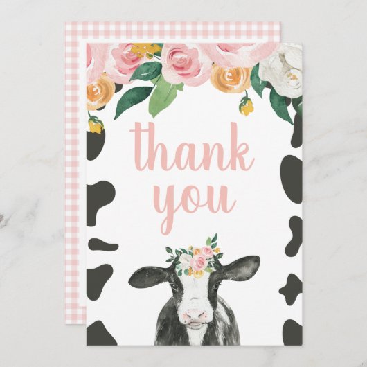 ホーリーカウピンクギンガムフローラ誕生日サンキューサンキュー サンキューカード (正面/裏面)