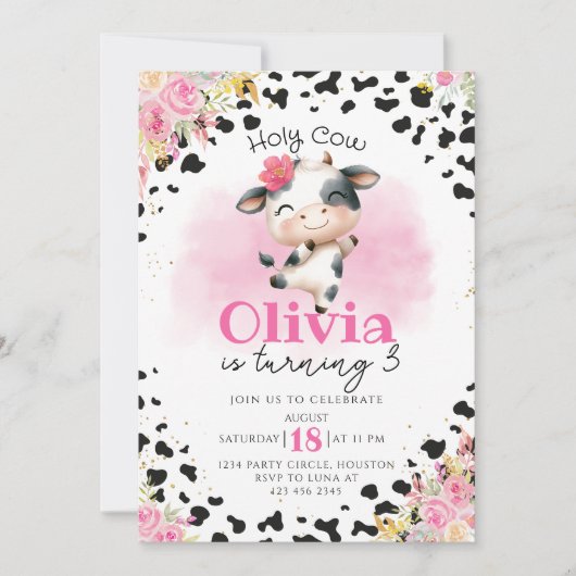 ホーリーカウピンクフローラガール誕生日 招待状 (正面)