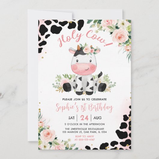 ホーリーカウピンクフローラ1歳の誕生日パーティー 招待状 (正面)