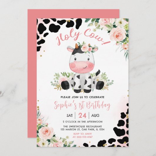 ホーリーカウピンクフローラ1歳の誕生日パーティー 招待状 (正面/裏面)