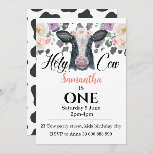 ホーリーカウファーストファースト誕生日招待状 招待状 (正面/裏面)