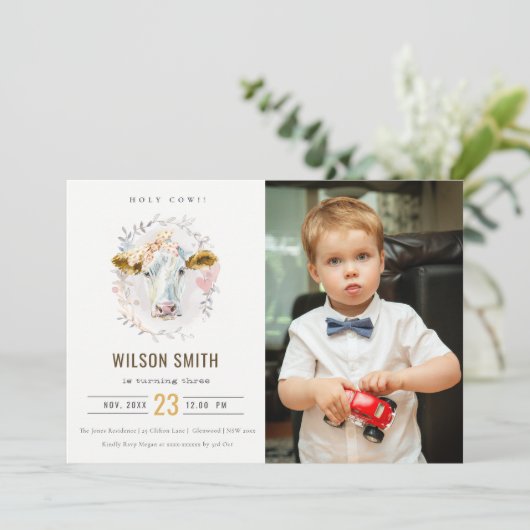 ホーリーカウファームキッズフォトナイザーエイジ誕生日招待状 サンキューカード (スタンド正面)