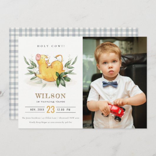 ホーリーカウファームフォトキッズニーエイジ誕生日招待状 サンキューカード (正面/裏面)