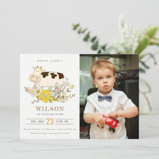 ホーリーカウファームフォトキッズニーエイジ誕生日招待状 サンキューカード (スタンド正面)