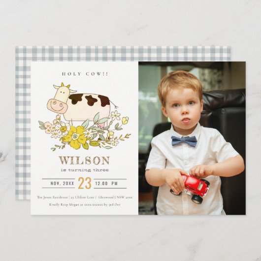 ホーリーカウファームフォトキッズニーエイジ誕生日招待状 サンキューカード (正面/裏面)