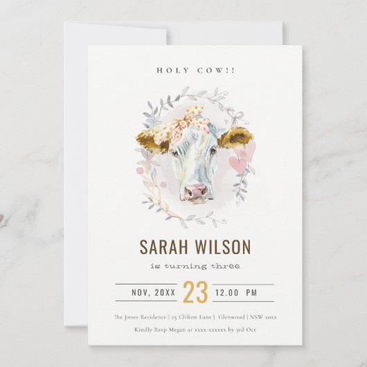 ホーリーカウファームフローラキッズニーエイジ誕生日招待状 サンキューカード (正面)