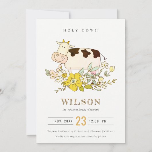 ホーリーカウファームフローラキッズニーエイジ誕生日招待状 サンキューカード (正面)