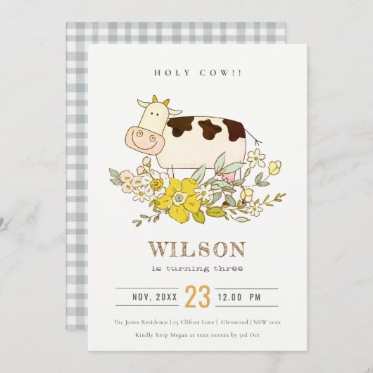 ホーリーカウファームフローラキッズニーエイジ誕生日招待状 サンキューカード (正面/裏面)