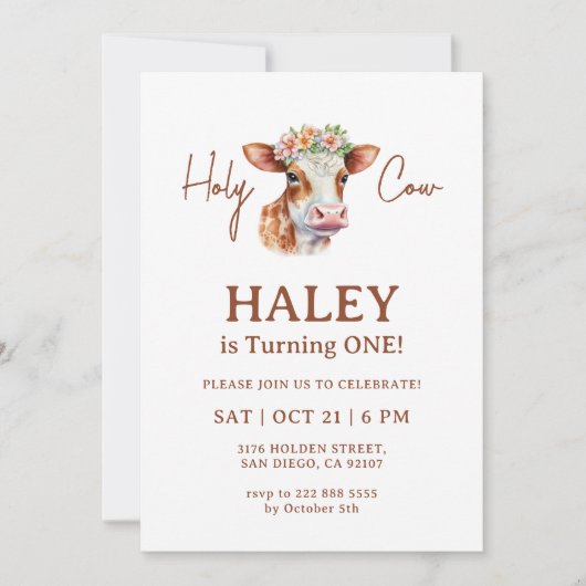 ホーリーカウブラウン素朴シック1位ベビー誕生日 招待状 (正面)