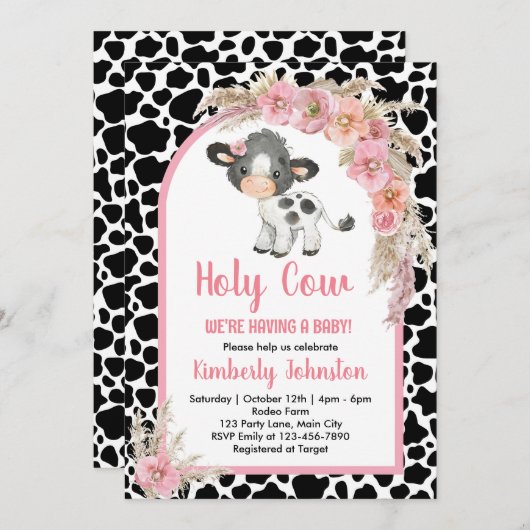 ホーリーカウボーホベイビーシャワーピンクファームガールフローラ 招待状 (正面/裏面)