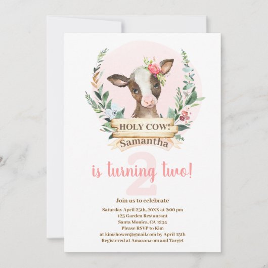 ホーリーカウー誕生日ガール招待状 招待状 (正面)