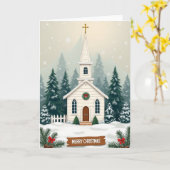 ホーリークリスマス教会の雪景色 カード (黄色い花)