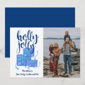 ホーリージョリーギフト ブルー カスタムフォト ホリデーカード (正面/裏面)