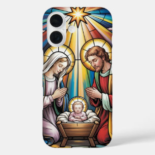 ホーリーファミリーのクリスマス – ステンドグラスのキリスト降誕アート iPhone 16ケース