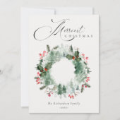ホーリーベリーの松の木の雪のクリスマスリース シーズンカード (正面)