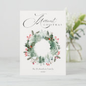 ホーリーベリーの松の木の雪のクリスマスリース シーズンカード (スタンド正面)