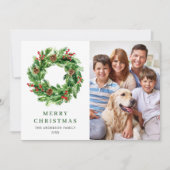 ホーリーベリー松ぼっくりクリスマスリース 3枚の写真付き シーズンカード (正面)