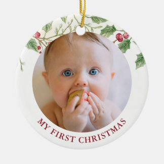 ホーリーベリー 赤ちゃんの初めてのクリスマス 写真 ホリデー セラミックオーナメント