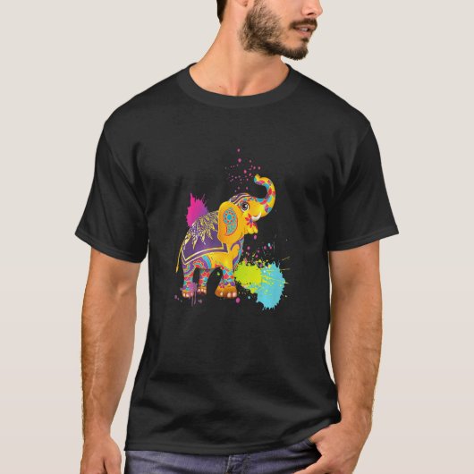 ホーリー祭り インド ヒンズー教 春 象 ホーリー Tシャツ (正面)
