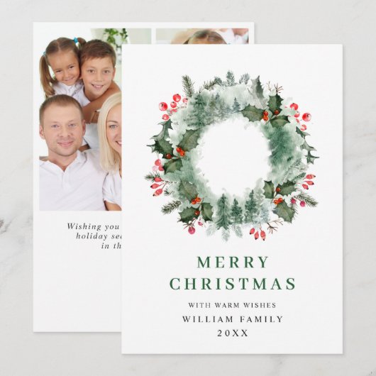 ホーリー・ベリーのリースを使ったクリスマス・グリーティングカード（写真3枚） シーズンカード (正面/裏面)