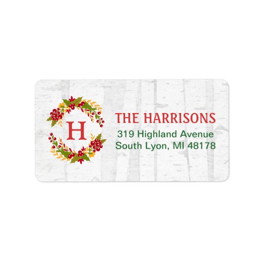 ホーリー ベリーのリースイニシャル ホワイト ウィンター ウッドランド ラベル (正面)