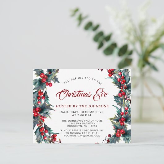 ホーリー・ベリーのリース・ウォータカラー・クリスマス・イブ・パーティー ポストカード (スタンド正面)