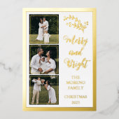 ホーリー | ベリー クリスマス 4 フォト メリー アンド ブライト 箔シーズンカード (正面)