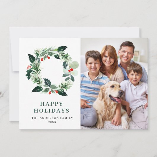 ホーリー ベリー リースのクリスマス グリーティング 4 枚の写真付き シーズンカード (正面)