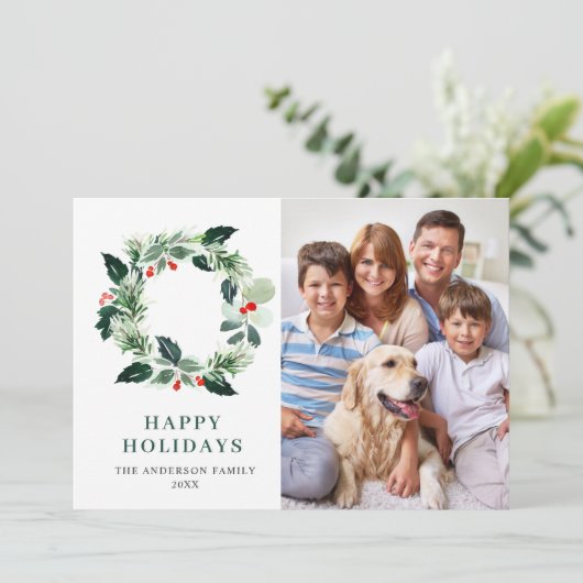 ホーリー ベリー リースのクリスマス グリーティング 4 枚の写真付き シーズンカード (スタンド正面)