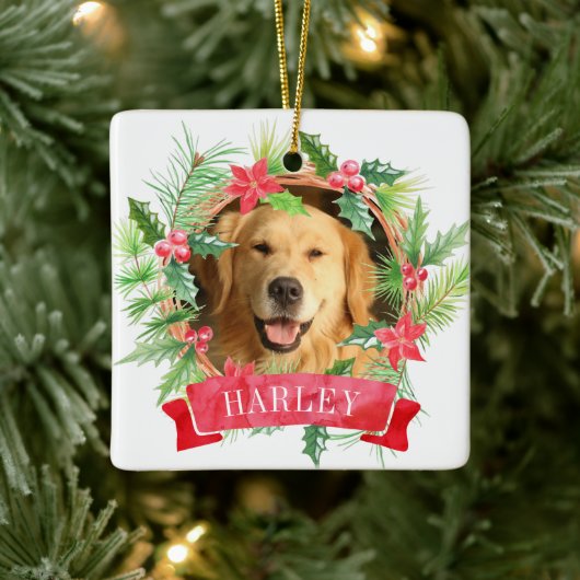 ホーリー wreath 犬の写真 セラミックオーナメント (ツリー)