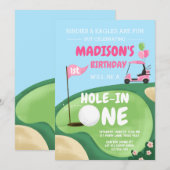 ホールインワンゴルフガールピンクファースト誕生日パー – ティー 招待状 (正面/裏面)