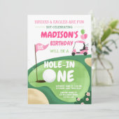 ホールインワンゴルフガールピンクファースト誕生日パー – ティー 招待状 (スタンド正面)