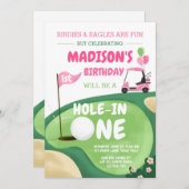 ホールインワンゴルフガールピンクファースト誕生日パー – ティー 招待状 (正面/裏面)